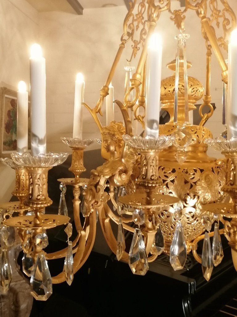 brons vergulde kroonluchter m engelen 19e eeuw, Antiek en Kunst, Antiek | Lampen, Ophalen