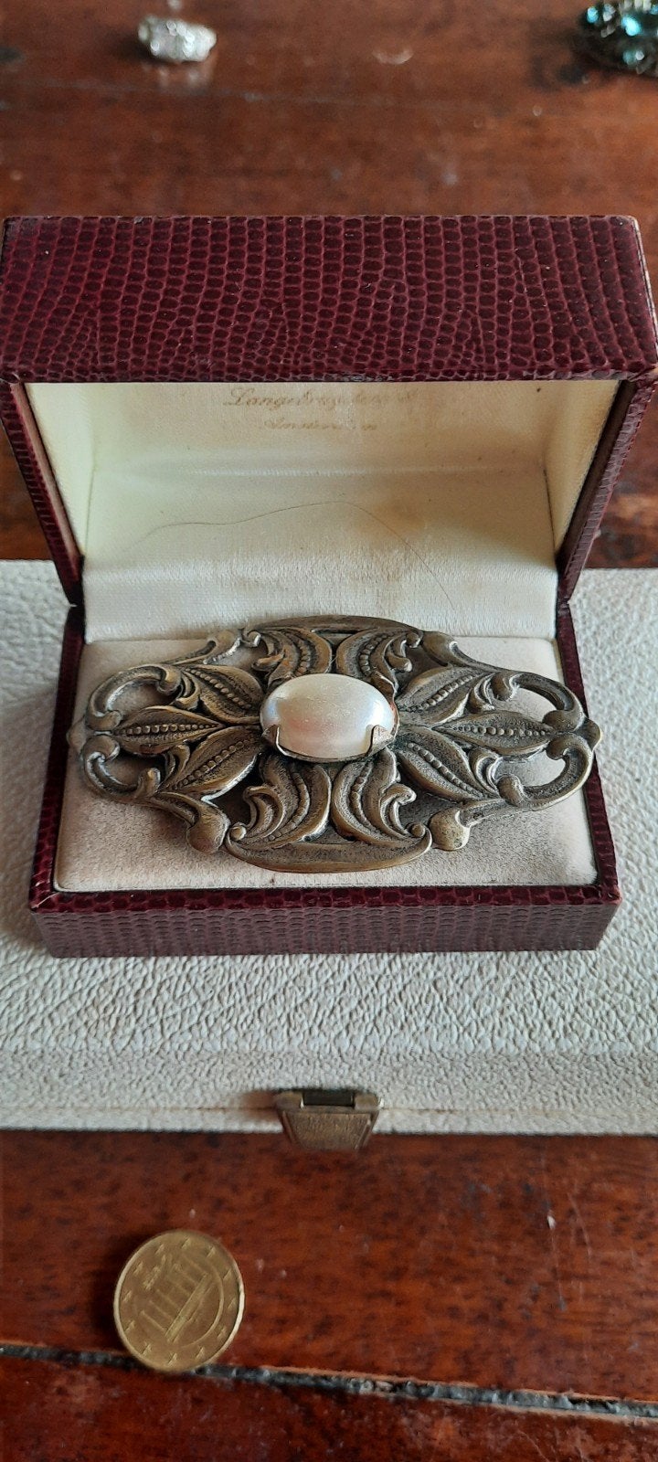 Antieke Jugendstil broche met cabochon faux parel, Ophalen of Verzenden, Overige materialen, Broche