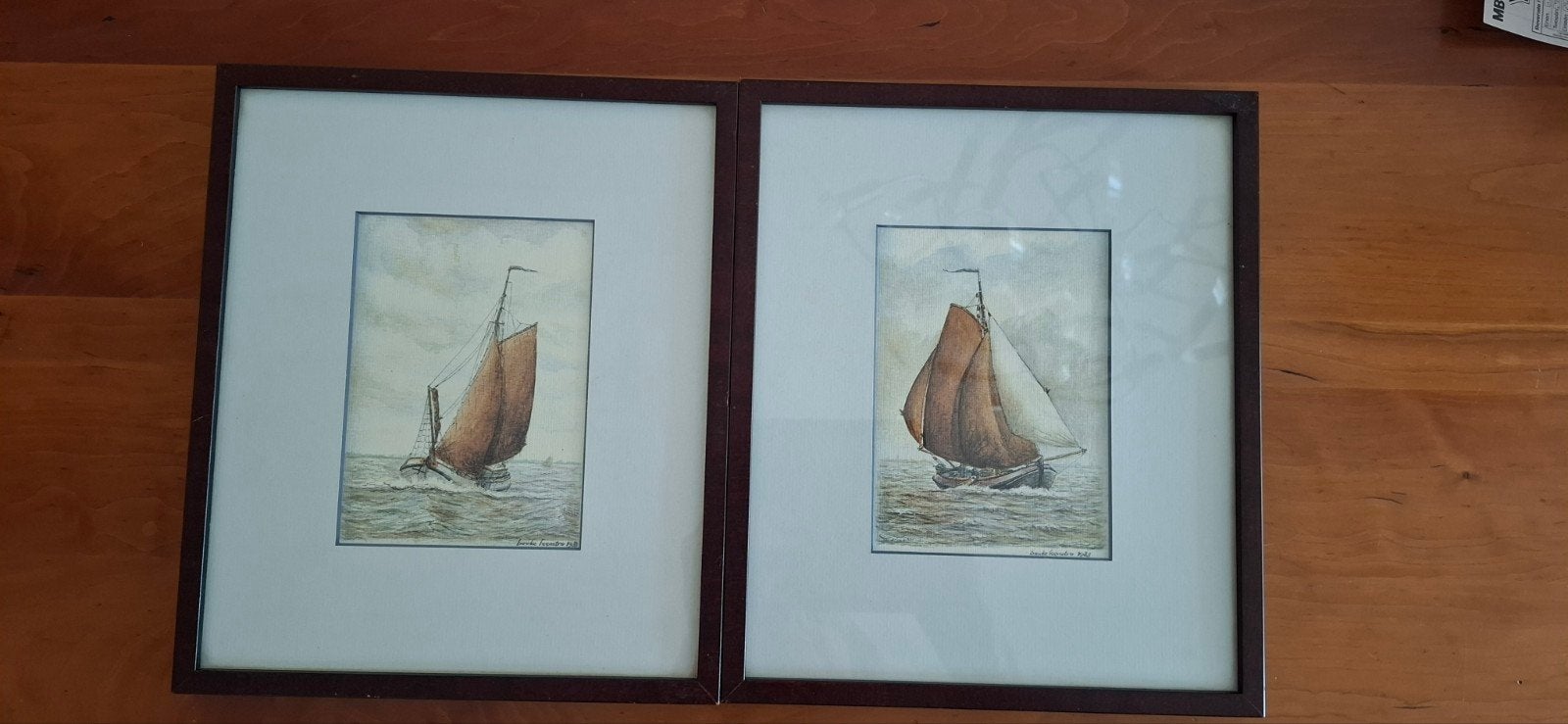 Bauke Feenstra 2 aquarellen van zeilschepen . 26 x 23 cm.-, Ophalen of Verzenden, Tekening, Aquarel, Ingelijst
