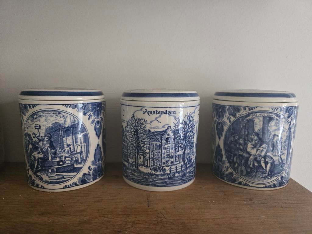 Set van 3 Delfts blauwe voorraadpotten, Ophalen of Verzenden