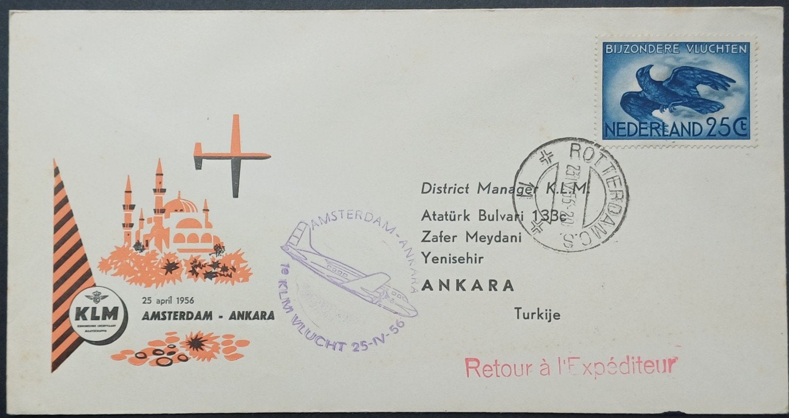 Nederland 1e vlucht Amsterdam-Ankara KLM 1956, Ophalen of Verzenden, Envelop