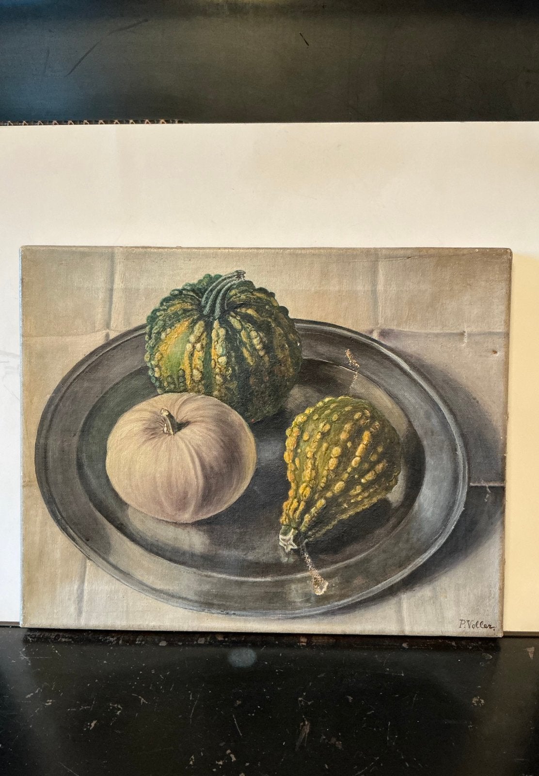 Mooi maar oud, gehavend, beschadigd schilderij met pompoenen, Ophalen of Verzenden