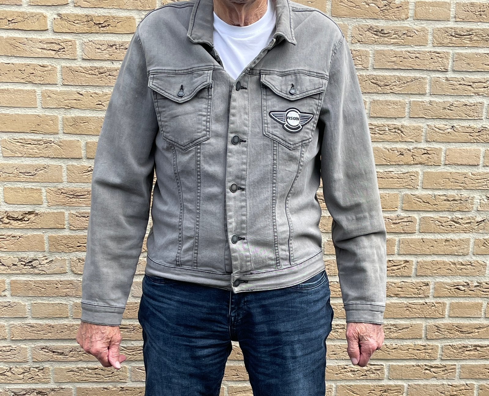 Stoere grijze maat L-XL spijkerjas met adelaar op de rug, Ophalen of Verzenden, Tweedehands, Heren, Jas | textiel