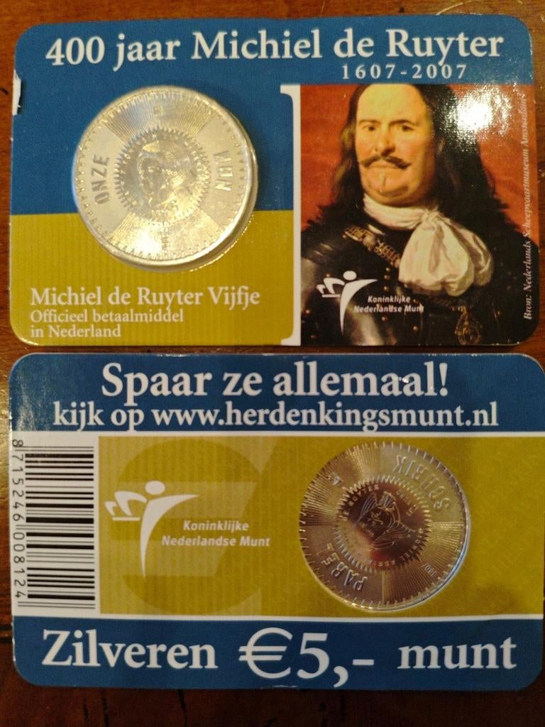 Zilveren UNC €5 munt op coincard- 400 jaar Michiel de Ruyter, Koningin Beatrix, Zilver, Euro's, Ophalen of Verzenden