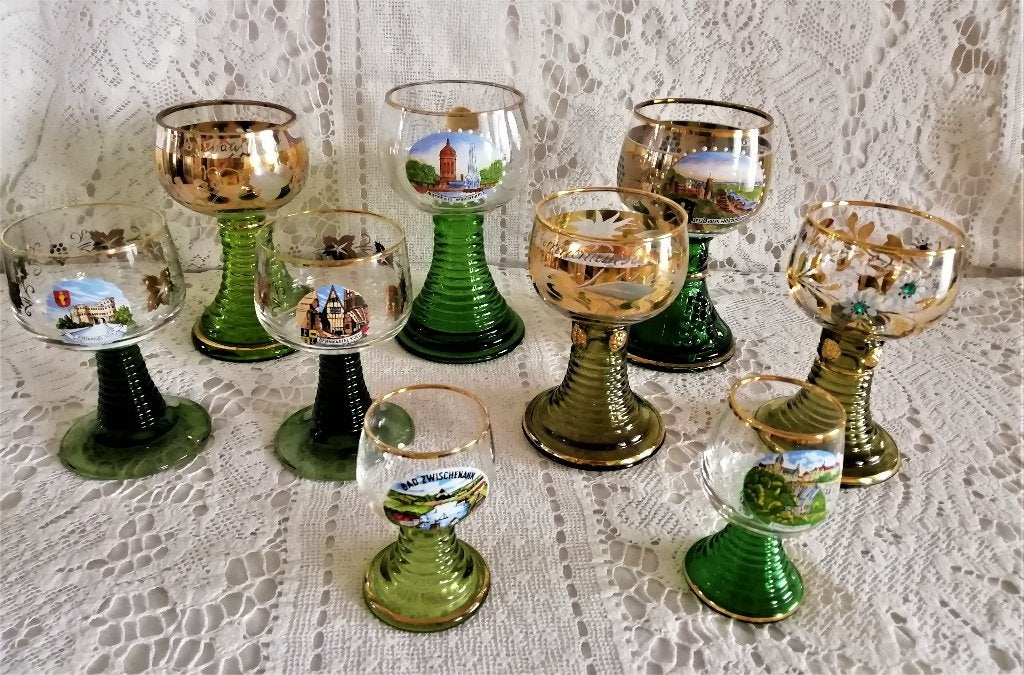 Roemer Moezel glazen goudfolie steentjes en groen goud, Ophalen of Verzenden
