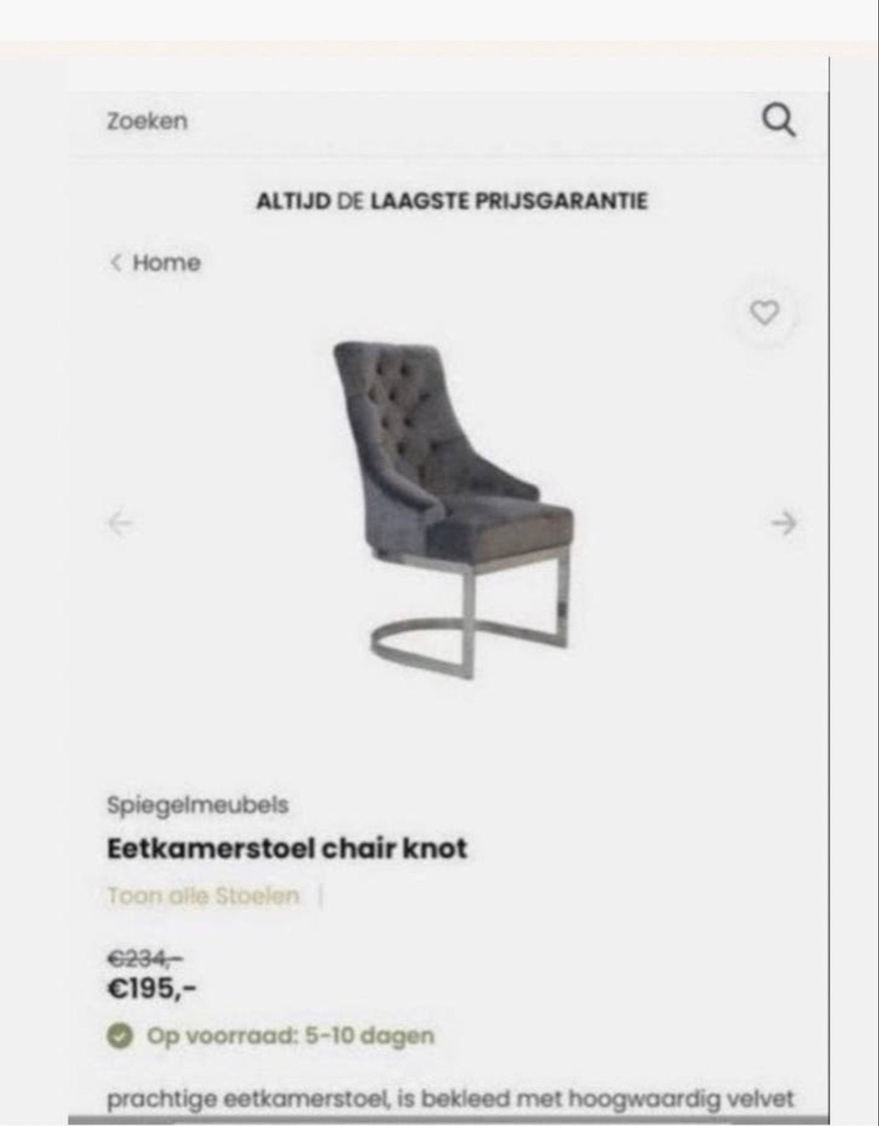 Luxe Eetkamerstoel Knot - Grijs Velvet met Chrome Onderstel, Ophalen, Zo goed als nieuw, Eén, Stof