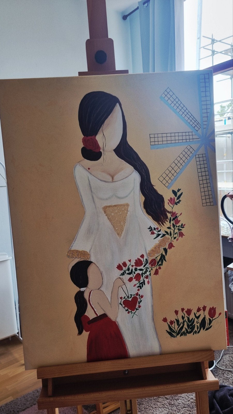 Moeder en kind met tulpen en molen - Acryl op doek, Ophalen