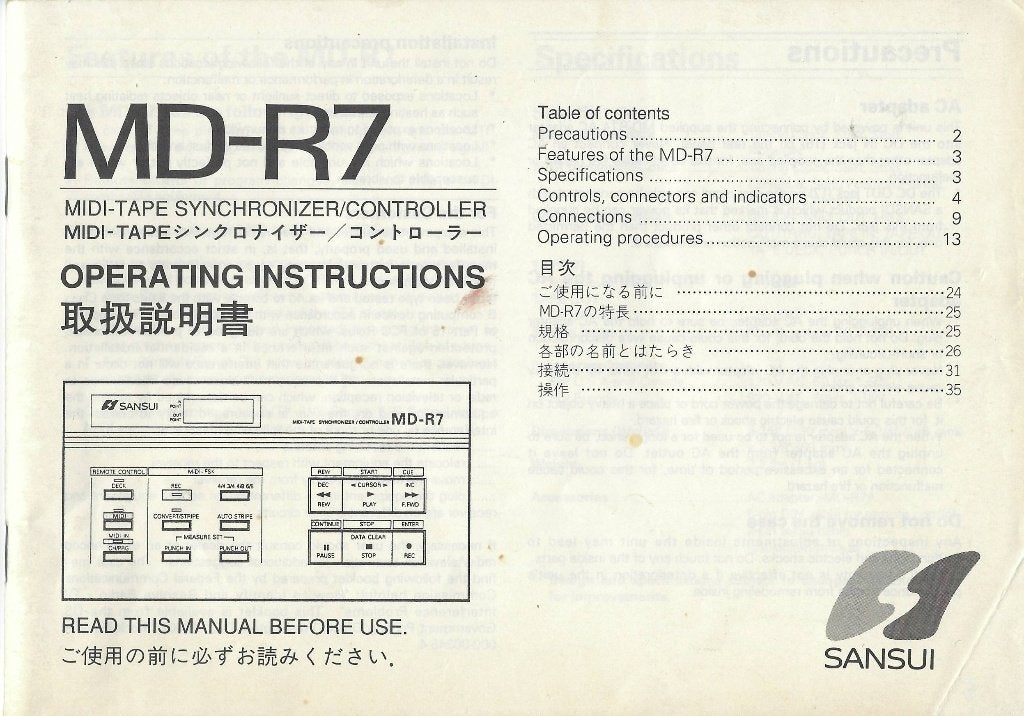 HANDLEIDING - Manual SANSUI MD-R7=Midi-Tape.Sync.Controller, Verzenden, Zo goed als nieuw