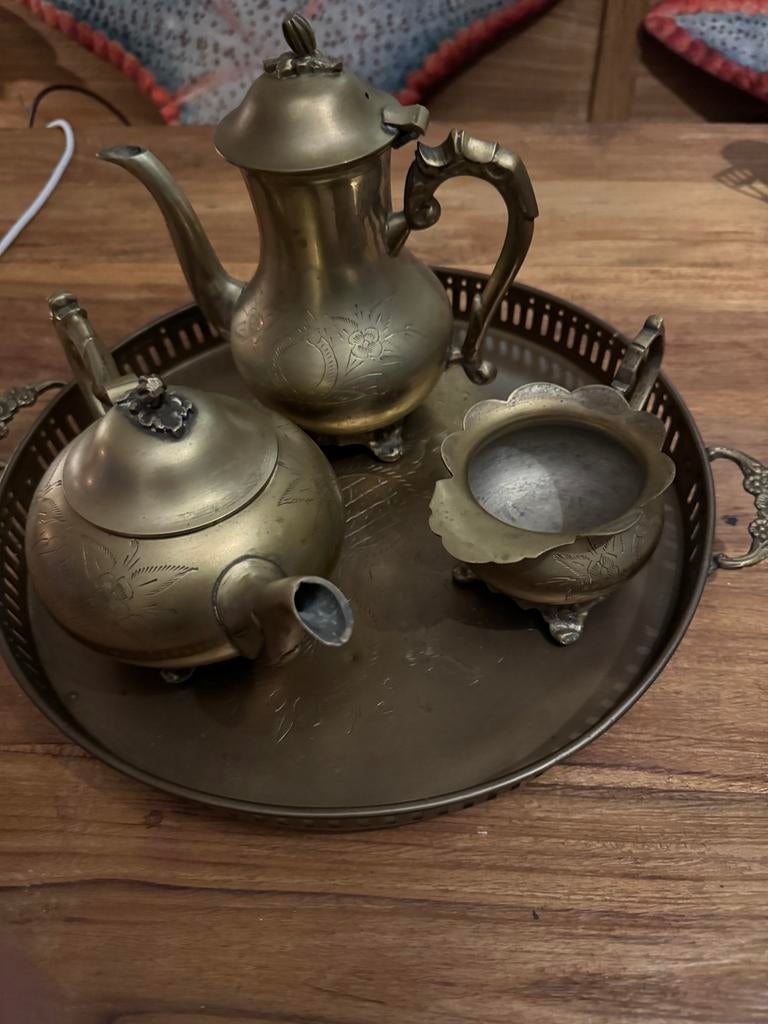 Theeset op dienblad, Antiek en Kunst, Antiek | Tin, Ophalen of Verzenden