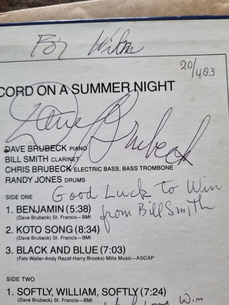 Dave Brubeck Quartet elpee handtekeningen gesigneerd, Verzamelen, Muziek, Artiesten en Beroemdheden, Ophalen of Verzenden, Zo goed als nieuw