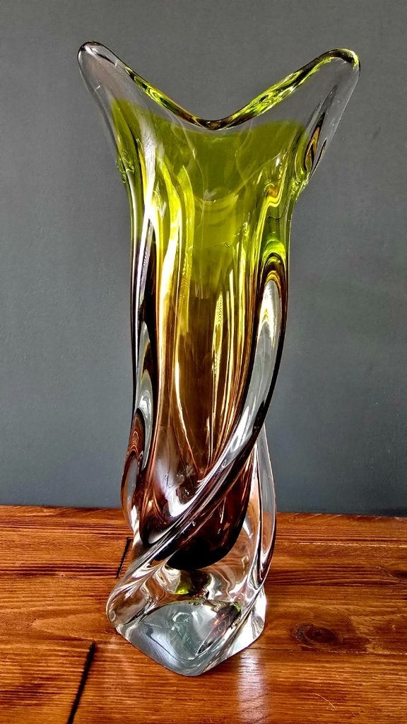 Vintage Chribska Josef Hospodka Sommerso vaas groen 31cm, Ophalen of Verzenden
