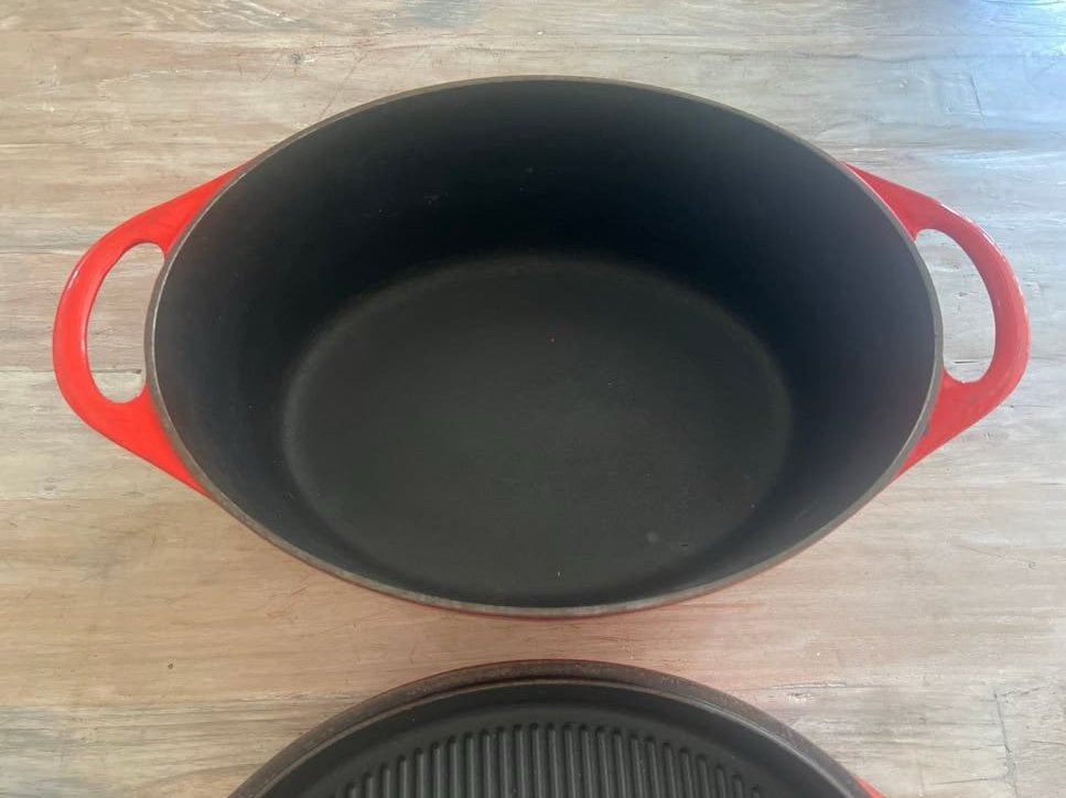 Le Creuset Cousances 32 Gietijzeren pan grilldeksel - rood, Gebruikt, Met deksel, Le Creuset, Ophalen of Verzenden