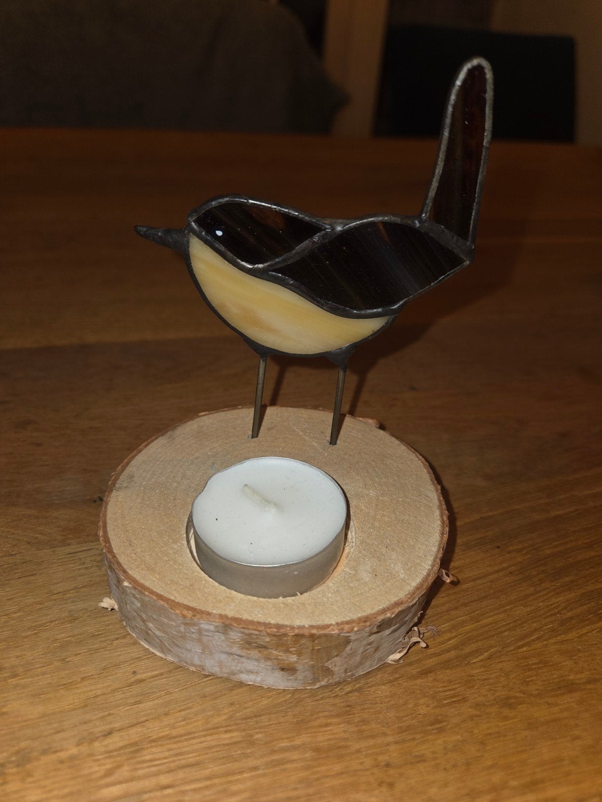 Unieke waxinelichthouder vogel glas-in-lood op hout, Bruin, Verzenden, Waxinelichthouder, Glas