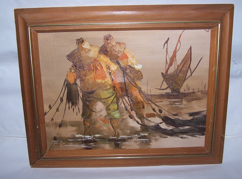 Filipijns Olieverfschilderij Vissers met netten en boot.Izgs, Antiek en Kunst, Figuren, Handgeschilderd, Ophalen of Verzenden