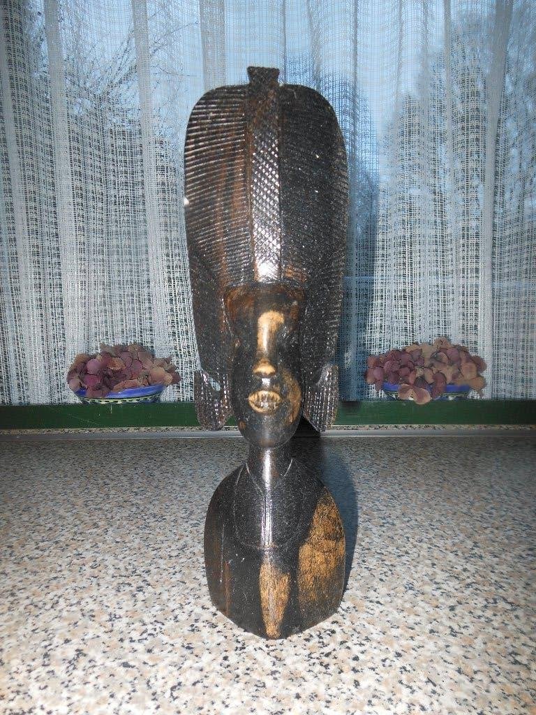 Houten Afrikaans Beeld - Vrouw met Hoofddeksel, Ophalen, Handgemaakt, 20 - 50 cm, Beeld