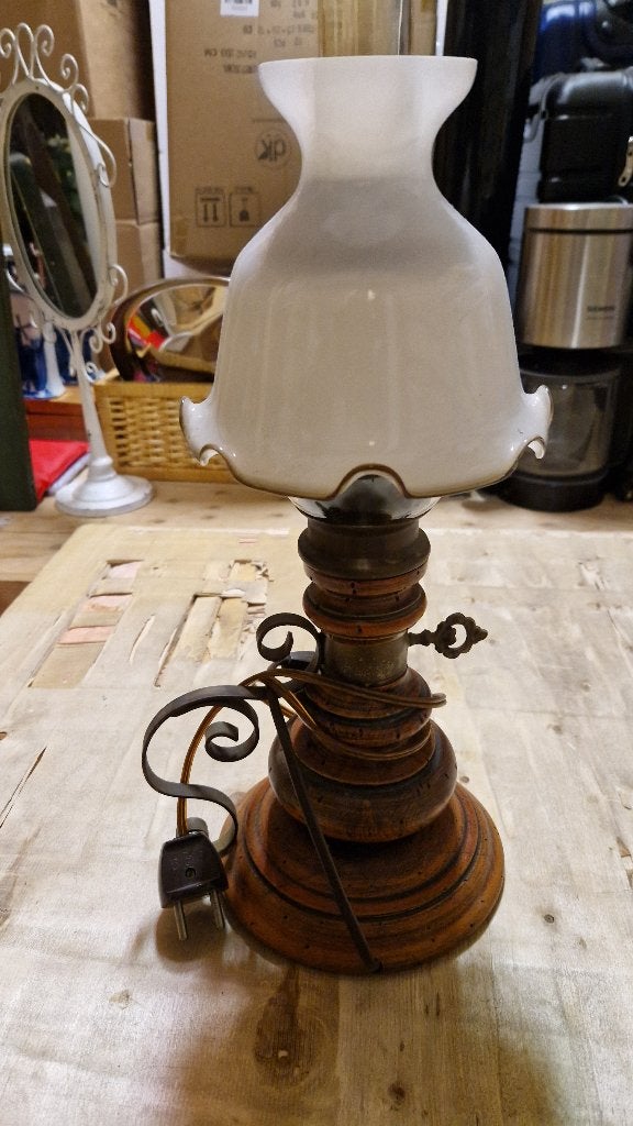 brocante schemerlamp tafellamp messing hout, Ophalen of Verzenden, Zo goed als nieuw, Glas, Met stekker