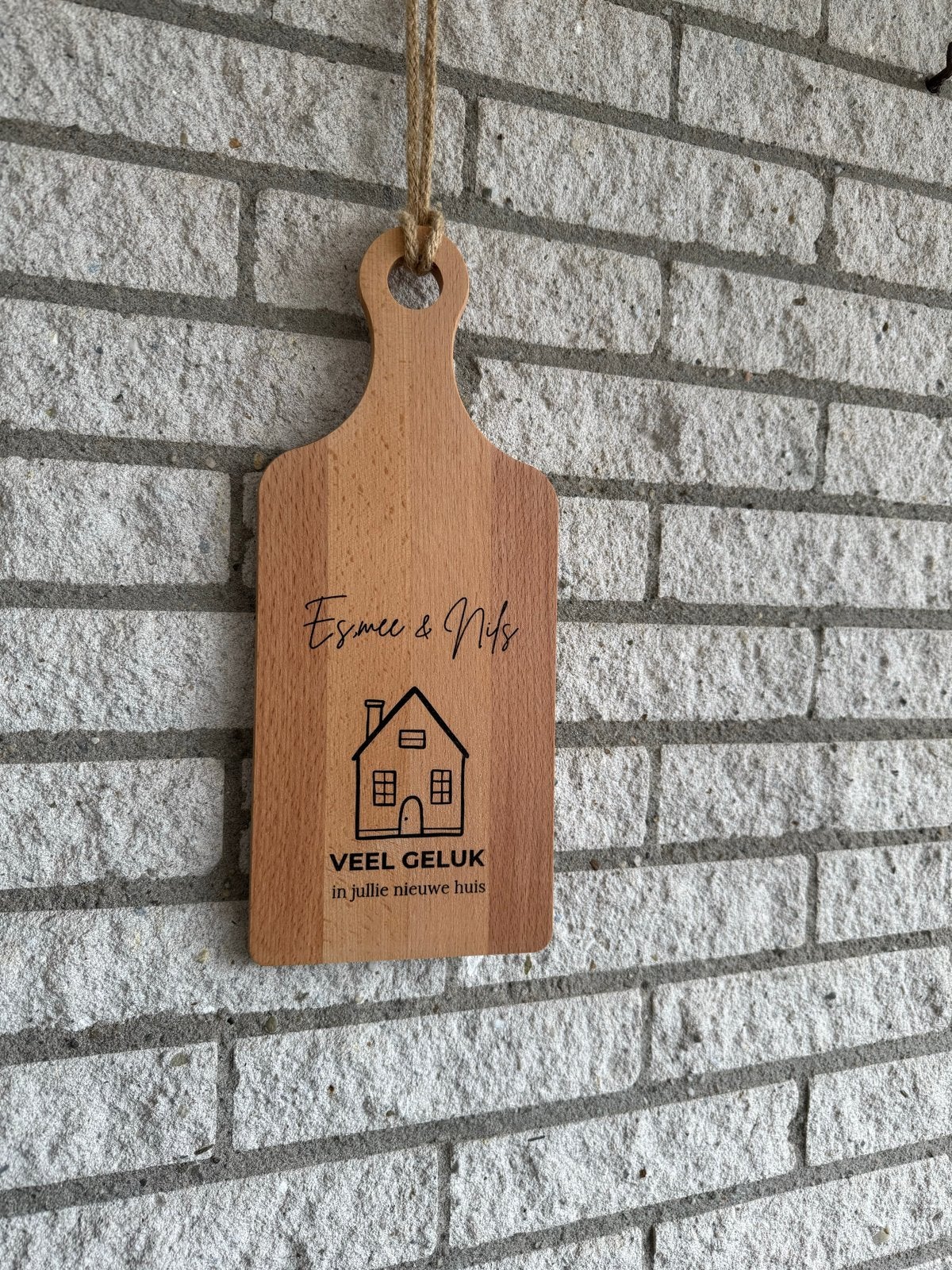 Gepersonaliseerde Housewarming Borrelplank - 34x14cm, Hout, Snij-/serveerplank, Nieuw, Ophalen of Verzenden