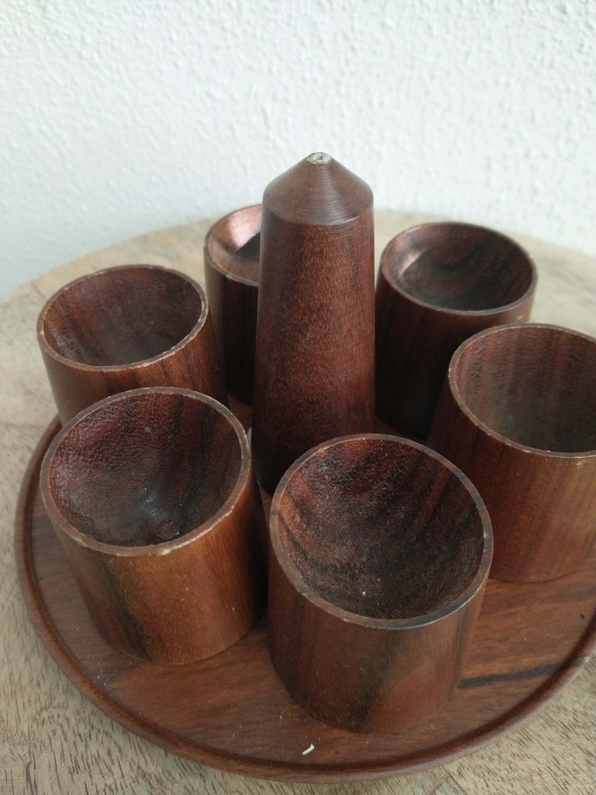 Vintage houten eierdopjes set met zoutvaatje, Antiek en Kunst, Ophalen of Verzenden