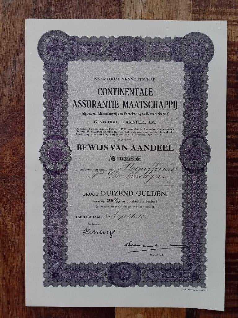 Aandeel Continentale Assurantie Maatschappij - 1919, Ophalen of Verzenden, Voor 1920, Aandeel