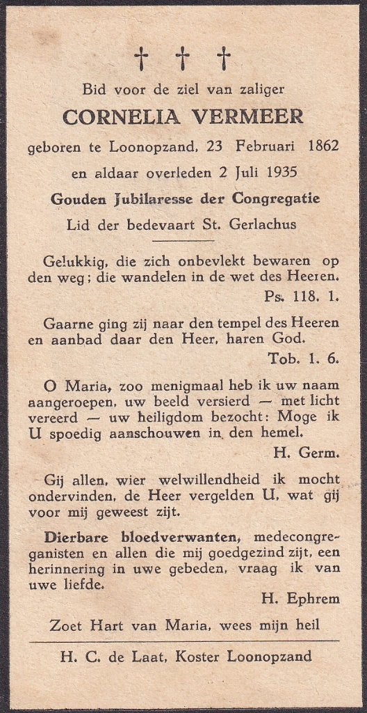 Vermeer Cornelia 1862 Loon op Zand 1935, Ophalen of Verzenden, Bidprentje