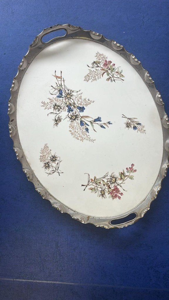 Jugendstil Dienblad Porselein & Tin – Edelweiss & Gentiaan, Verzenden