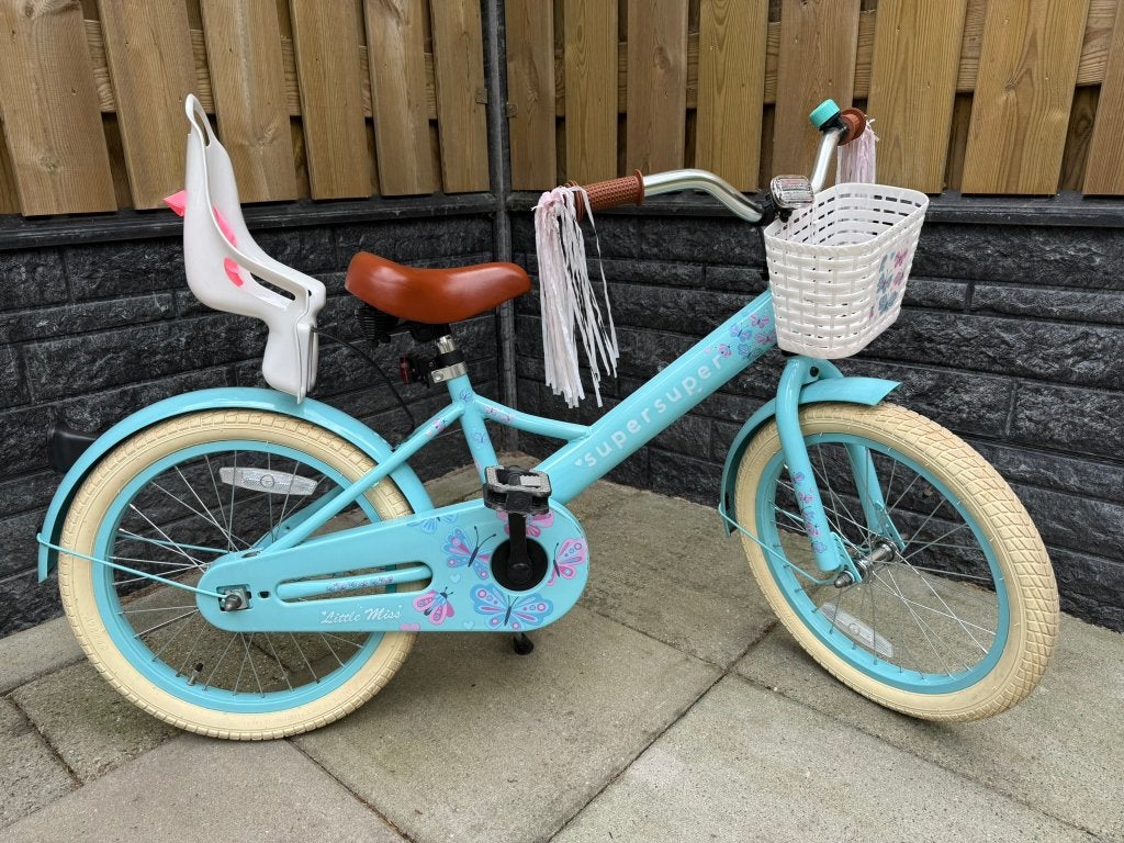 Fiets Popal Miss Little 18 inch blauw, turquoise met mandje, Ophalen, Terugtraprem, Handrem, Zo goed als nieuw