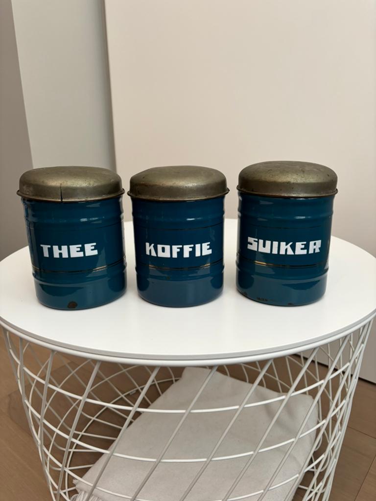 Voorraad bussen blauw thee koffie suiker, Antiek en Kunst, Ophalen of Verzenden