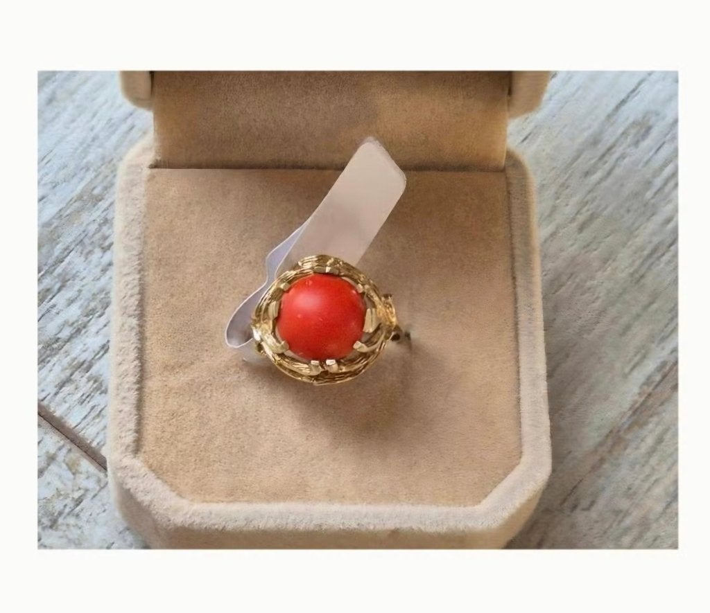Prachtige 14 karaat gouden ring bloedkoraal – uniek stuk!, Sieraden, Tassen en Uiterlijk, Ophalen of Verzenden, Goud, Ring