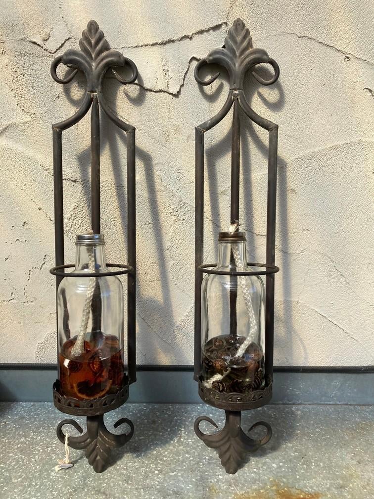 Handmade wandhouder met olielamp (69 cm), Ophalen of Verzenden