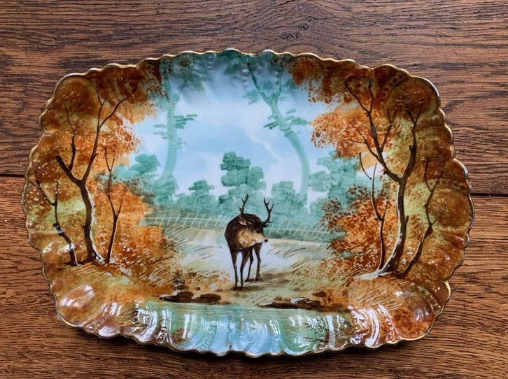 Brocante handbeschilderde schaal met hert, Ophalen of Verzenden