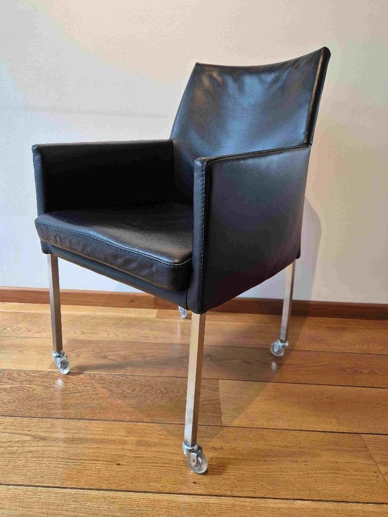 Bert Plantagie zwart leren eetkamerstoelen op wielen, Ophalen, Gebruikt, Zwart, Leer