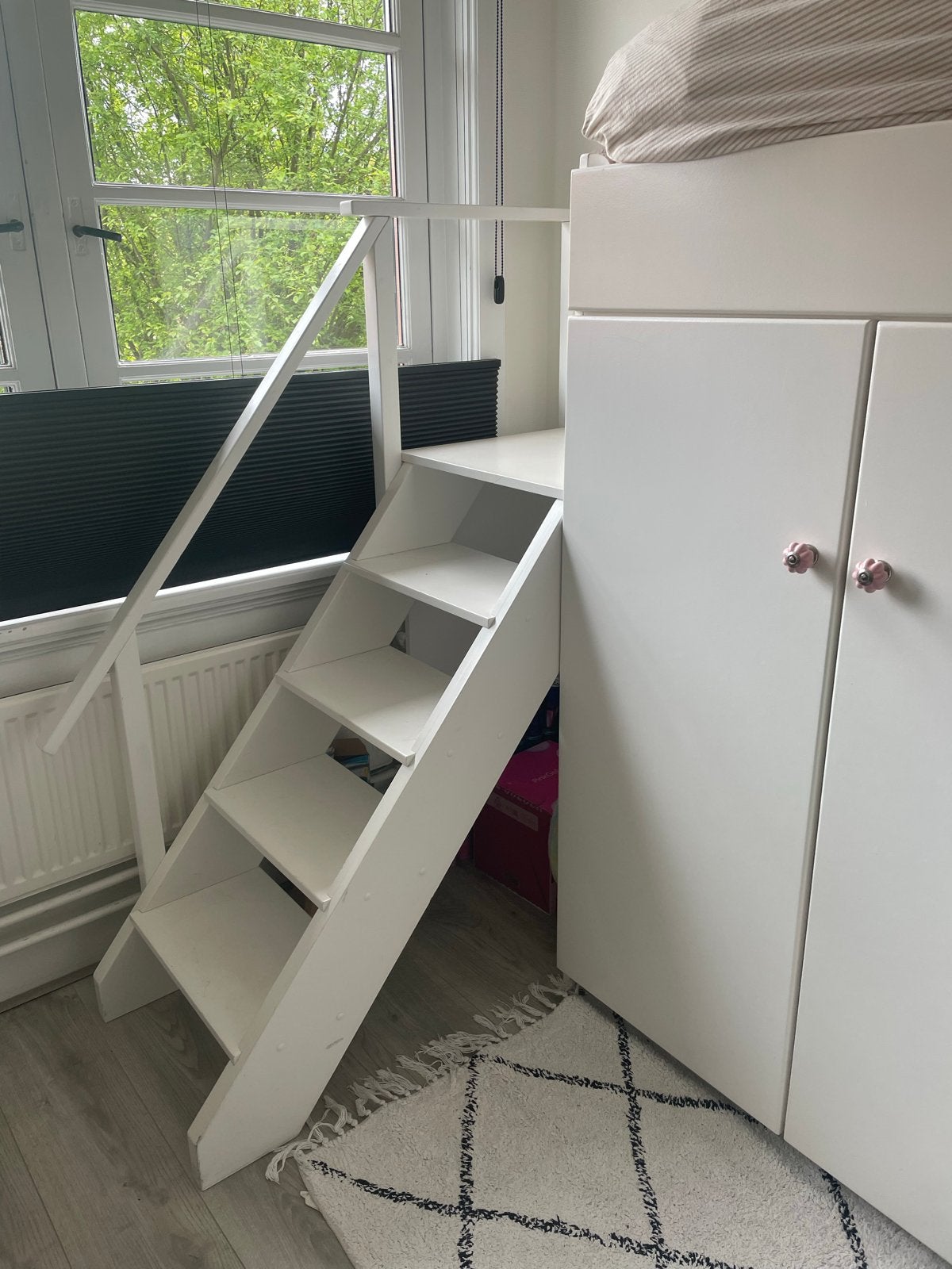 Hoogslaper met kledingkast en trapkast - Wit, Ophalen, Gebruikt, Eenpersoons, 200 cm