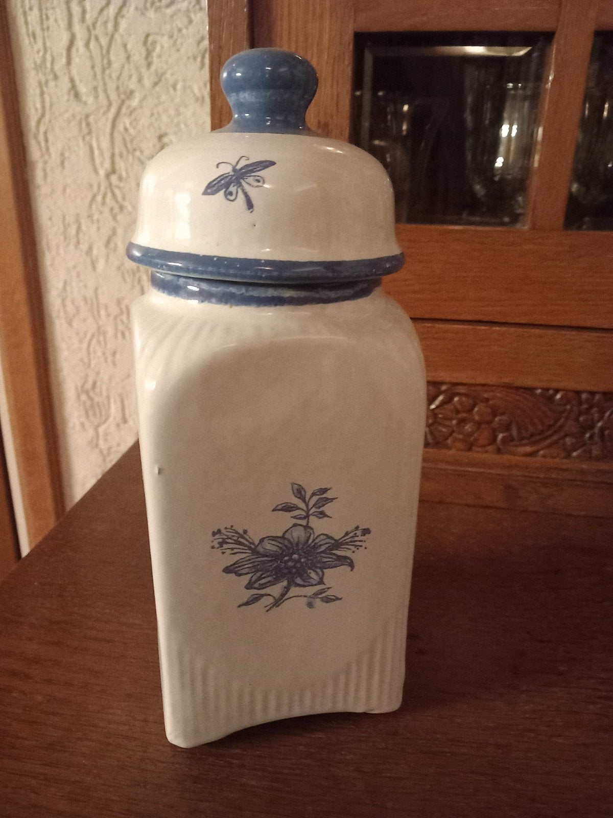 Vintage Voorraadpot met Blauw Decor - 9x9x23 cm, Ophalen of Verzenden