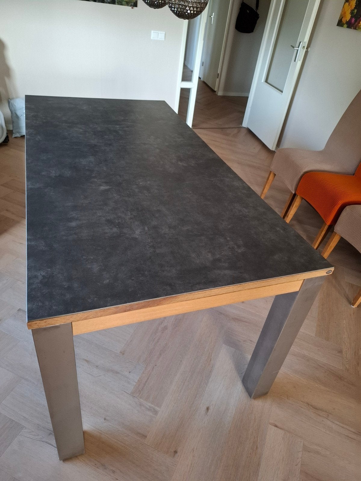 Eikenhouten tafel met RVS poten en keramiek blad 180x90, Ophalen, Gebruikt, 50 tot 100 cm, 150 tot 200 cm