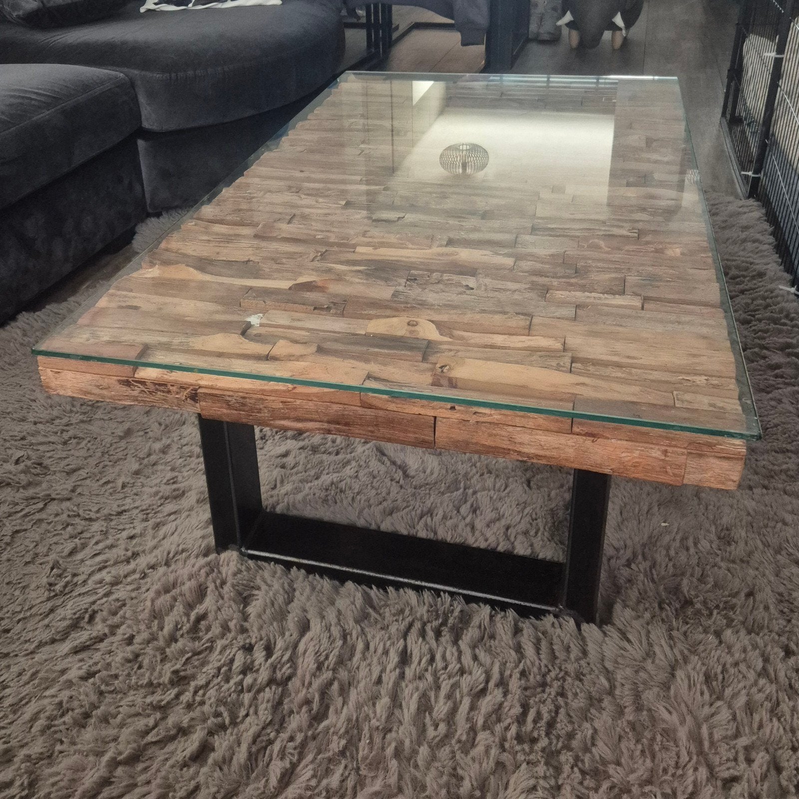 Handgemaakte Salontafel 120x70x43 met Glazen Blad, Ophalen, Gebruikt, 100 tot 150 cm, 50 tot 100 cm