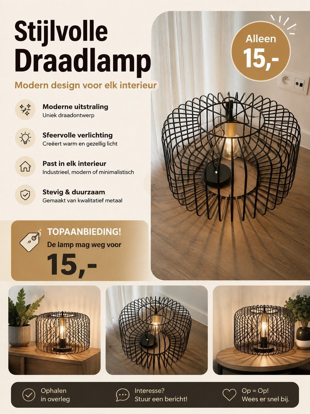Zwarte metalen lampenkap - Modern en industrieel, Ophalen