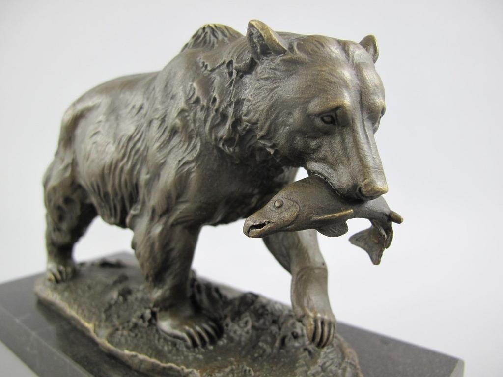 Bronzen Grizzlybeer met Zalm Sculptuur, Ophalen of Verzenden, Brons