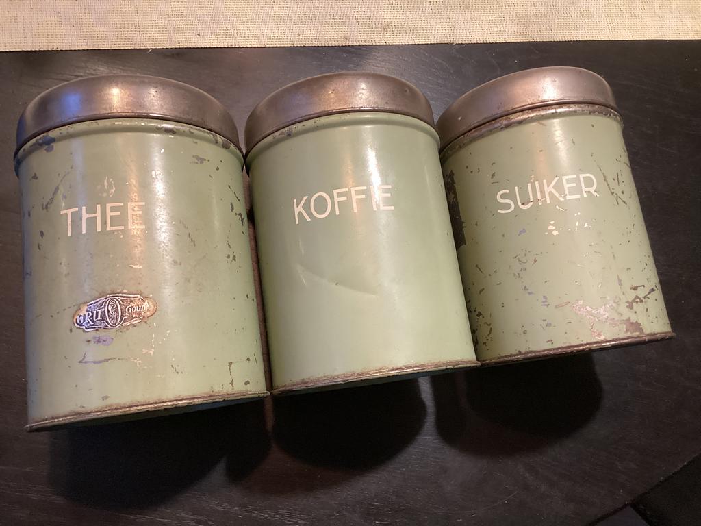 Vintge koffie, thee en suiker voorraad blikken, Ophalen of Verzenden, Gebruikt, Koffie