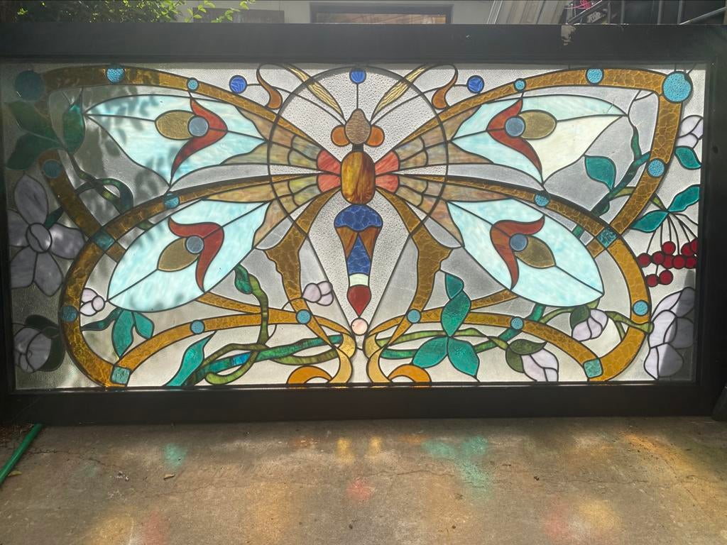 Groot glas in lood raam met Libelle, Doe-het-zelf en Verbouw, Glas en Ramen, Ophalen of Verzenden, Glas in lood