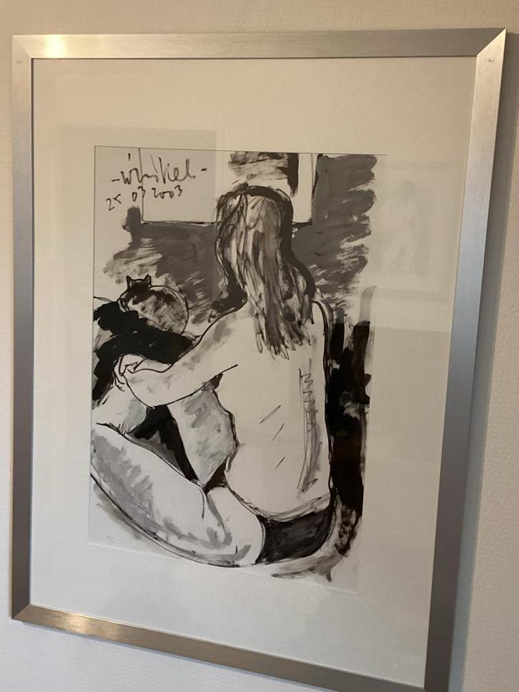 Arien Winkel Gouache - ‘Vrouw met Kat’ in lijst 65x85cm, Ophalen