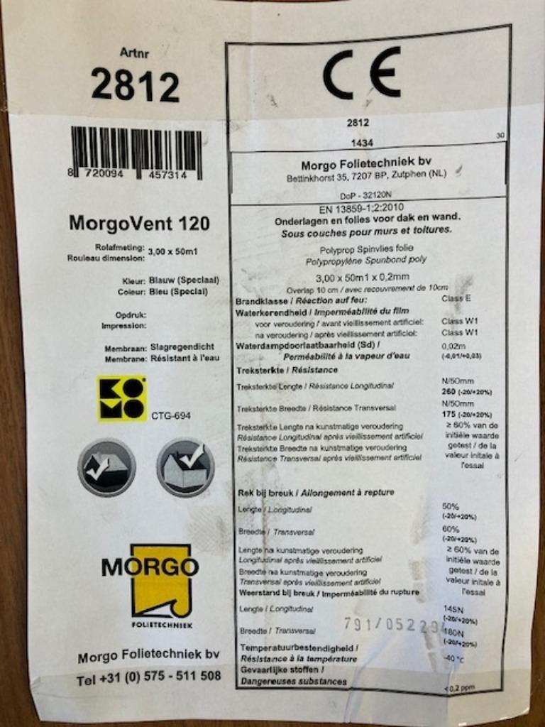 spinvliesfolie Morgo 120 grams 3.00 mtr breed 50 mtr, Doe-het-zelf en Verbouw, Zeil en Folie, Ophalen of Verzenden, Nieuw, 15 m² of meer