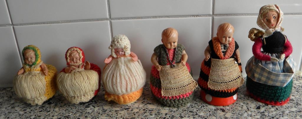POPPETJE, POPJE HALFDOLL, ALS EIERWARMER MET EIERDOP 6 STUKS, Ophalen of Verzenden, Gebruikt