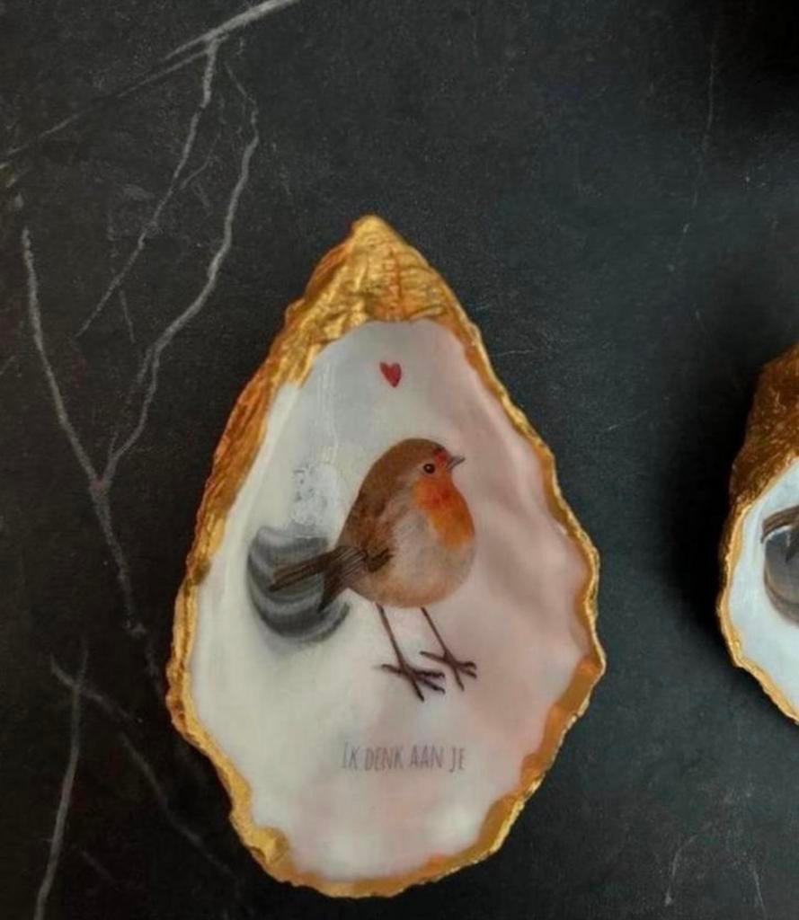 Handgemaakte Oester met Roodborstje - Uniek Cadeau!, Ophalen of Verzenden, Nieuw