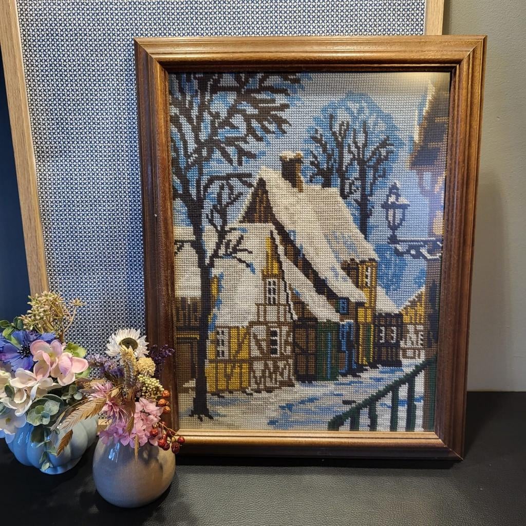 Borduurwerk Borduurschilderij Winters Tafereel 36x46, Ophalen of Verzenden, Overige typen
