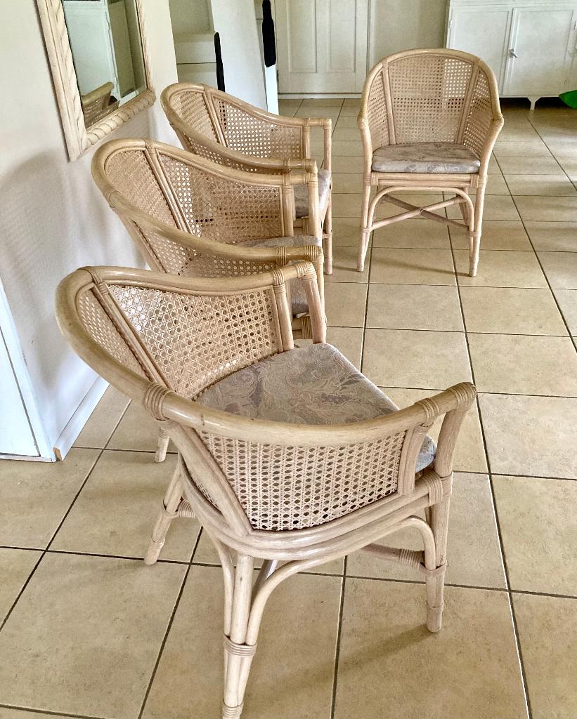4 vintage rotan webbing eetkamerstoelen incl losse kussens, Ophalen, N, Wit, Stof