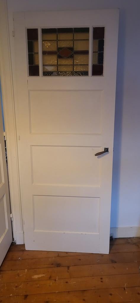Jaren 30 deur met glas in lood + elementen, Doe-het-zelf en Verbouw, Deuren en Horren, Gebruikt, 80 tot 100 cm, Binnendeur, Ophalen of Verzenden