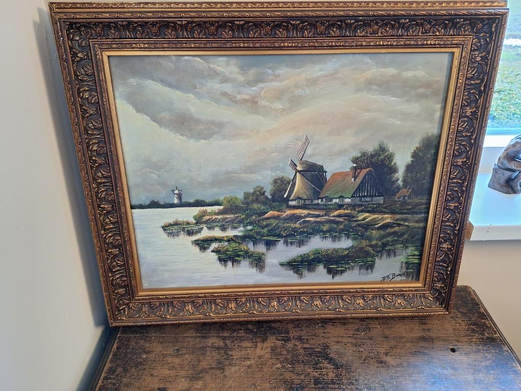Olieverfschilderij Hollandse Molen Gesigneerd, Antiek en Kunst, Kunst | Schilderijen | Klassiek, Ophalen