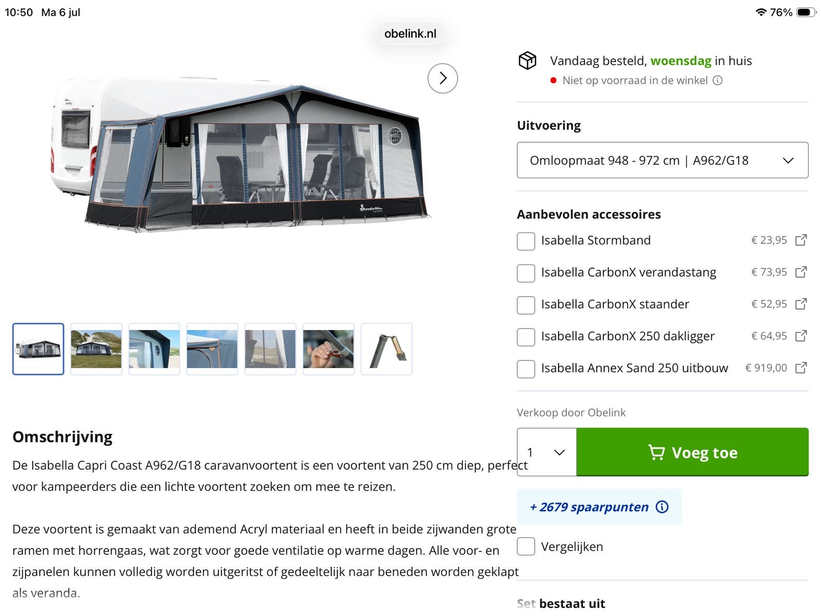Isabella Capri Coast A962/G18 Voortent met Carbon frame, Caravans en Kamperen, Kampeeraccessoires, Zo goed als nieuw, Ophalen of Verzenden