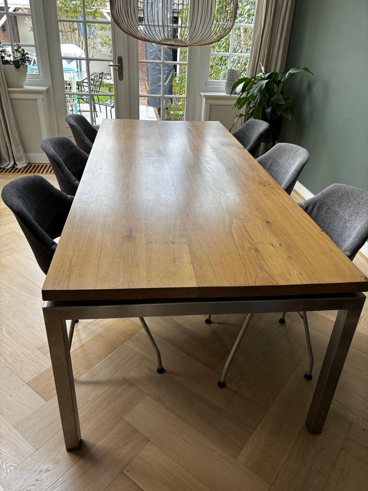 Eikenhouten eettafel met RVS onderstel (240x100x75cm), Huis en Inrichting, Ophalen, Gebruikt, 100 tot 150 cm, Eikenhout