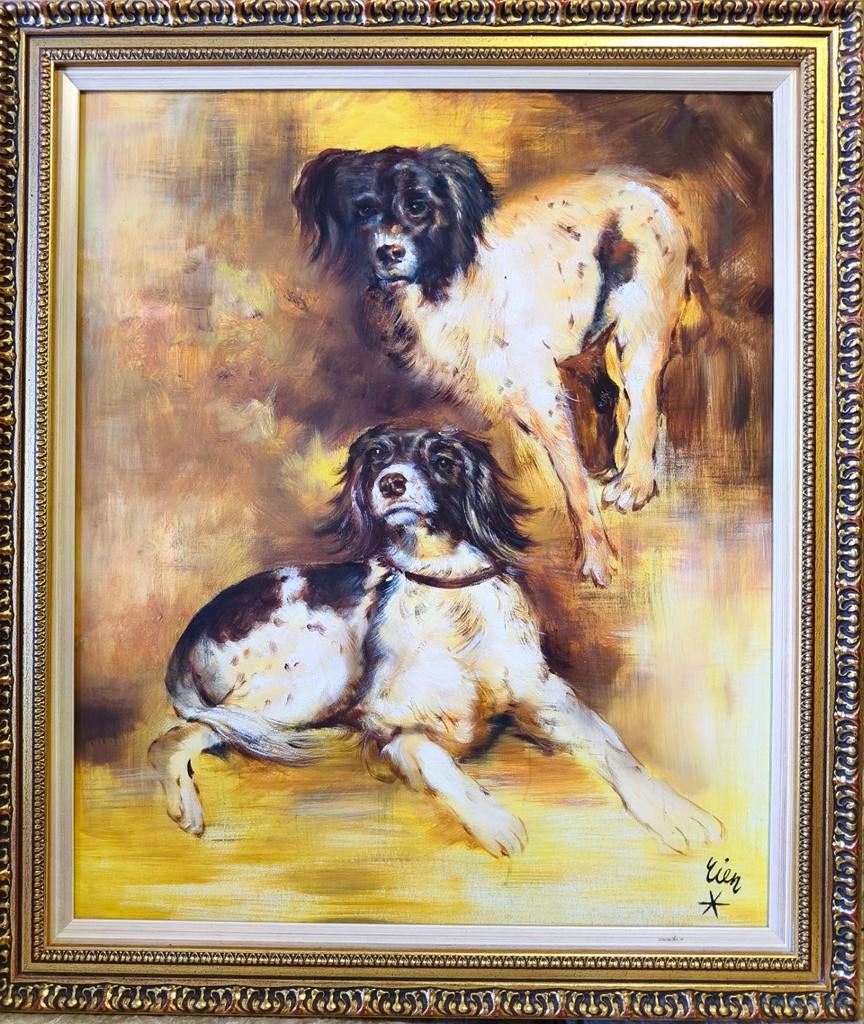 Schilderij 2 Jachthonden - Stijl Rien Poortvliet - In Lijst, Antiek en Kunst, Kunst | Schilderijen | Klassiek, Ophalen